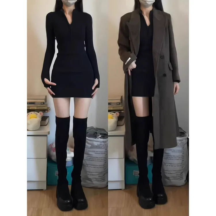 黑色包臀裙秋冬大衣内搭连衣裙女御姐穿搭配整套加绒加厚套装裙子