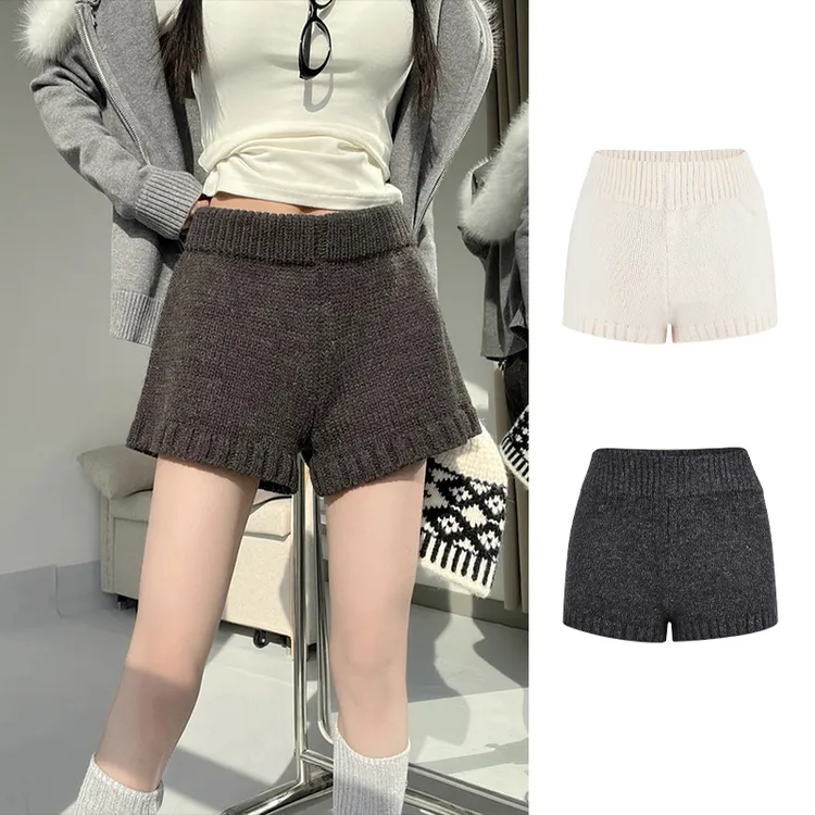 Moses Queen/魔西女王高腰显瘦休闲针织短裤女秋冬宽松毛裤直筒裤