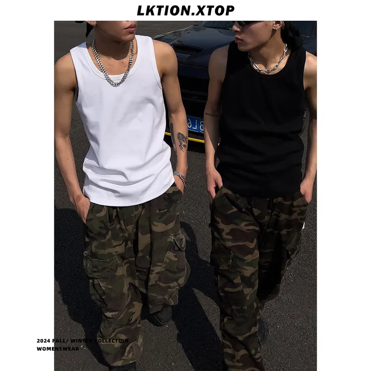 LK正品 夏季痞帅美式休闲圆下摆背心纯色健身ins运动个性休闲