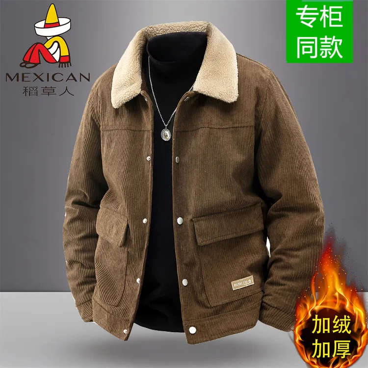 稻草人灯芯绒夹克男秋冬季加绒加厚保暖上衣港风复古休闲工装外套