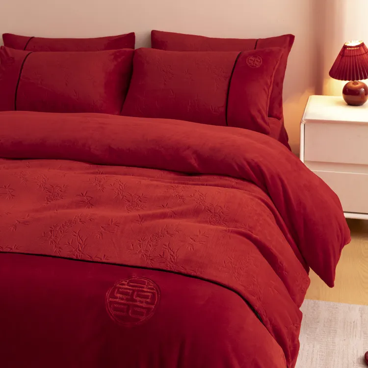 冬季结婚床上用品四件套加厚牛奶绒被套法兰绒床单高级感婚庆喜被