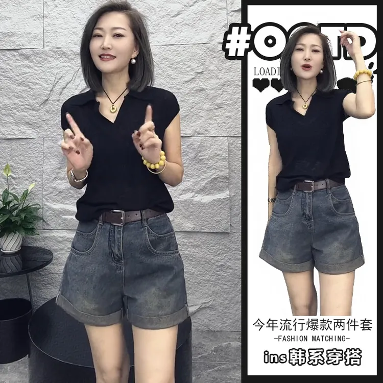 高级感别致黑色海鸥领短袖上衣搭配牛仔短裤港味别致百搭两件套潮