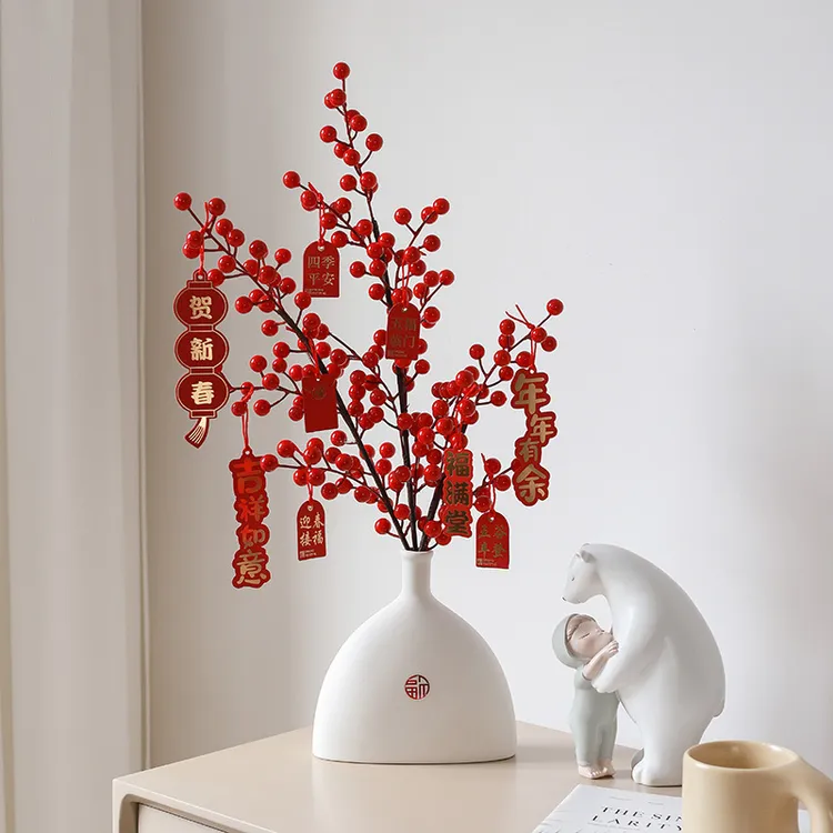 轻奢北欧乔迁家居装饰创意仿真红果发财果新居客厅酒樽白瓷瓶摆件