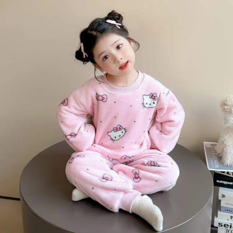 女童睡衣秋冬2025新款儿童宝宝考拉绒猫咪套装女小童法兰绒家居服