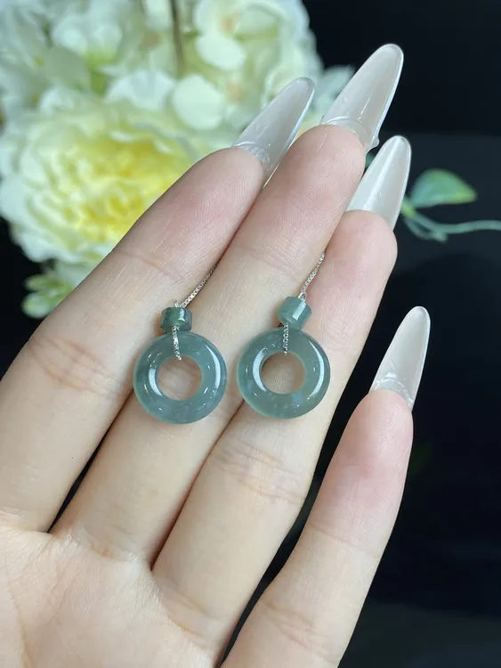 天然翡翠冰种天空蓝平安扣925银耳环精美耳饰YDED004多样性发一