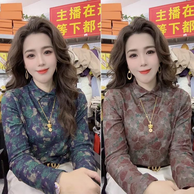 洒银工艺~双面慕斯玫瑰印花翻领长袖！