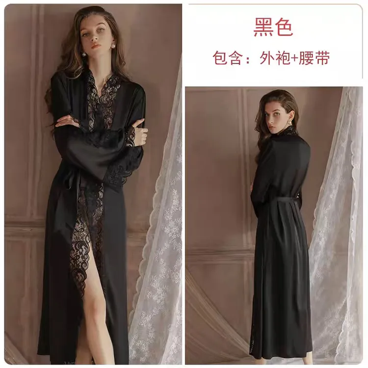 性感冰丝长款蕾丝浴袍女纯欲风新娘伴娘时尚晨袍夏季高级感睡衣