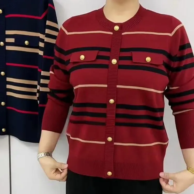 2025春秋圆领百搭中年妈妈装气质休闲英伦风条纹针织衫长袖毛衣