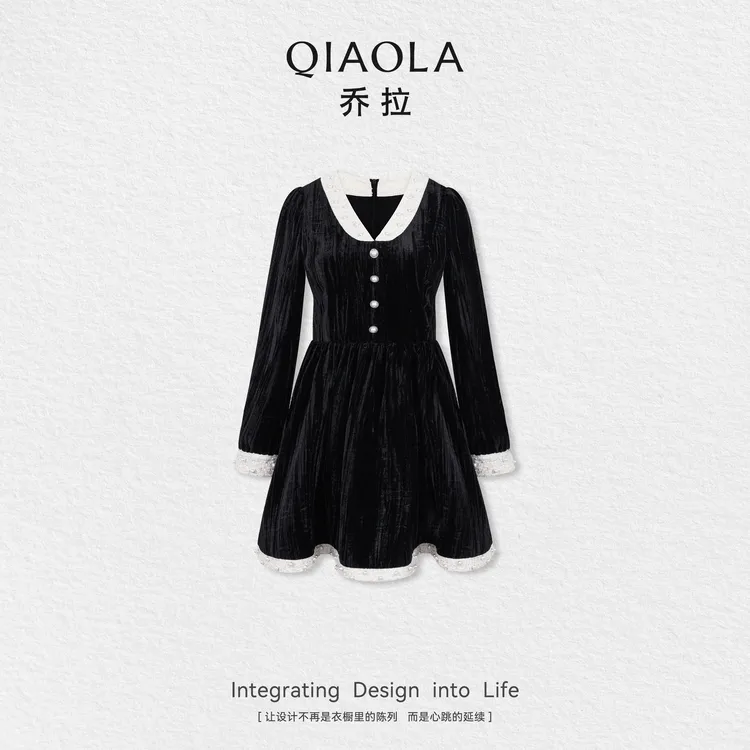 QIAOLA/乔拉【月光山茶】秋季梭织丝绒氛围感显瘦高级感连衣裙