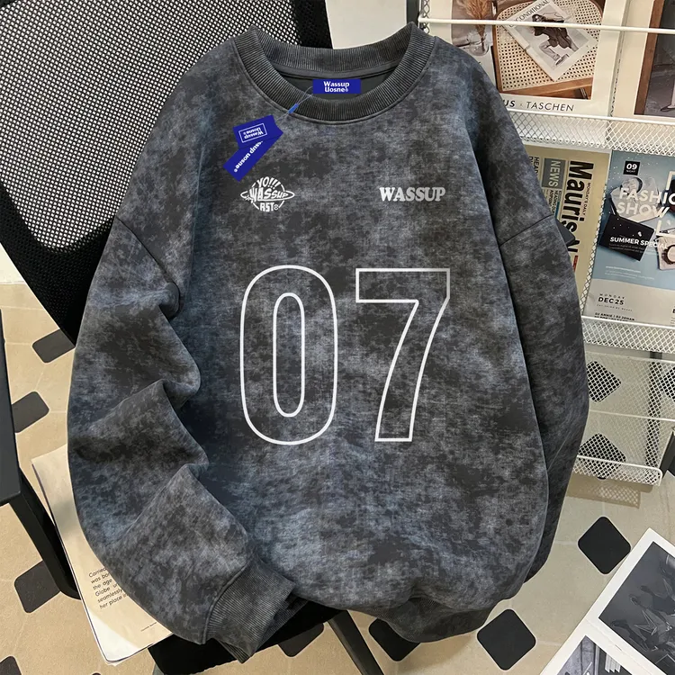 WASSUP UOSNE美式宽松圆领套头卫衣男冬季加绒硬挺黑色长袖上衣潮