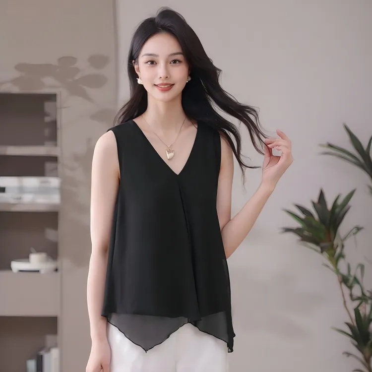 【双层乔其纱洋气小衫】宽松大码V领无袖百搭外穿背心吊带上衣5701