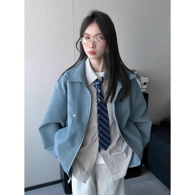 美式复古柳钉皮衣夹克男女款高级感痞帅工装情侣外套学院风棒球服