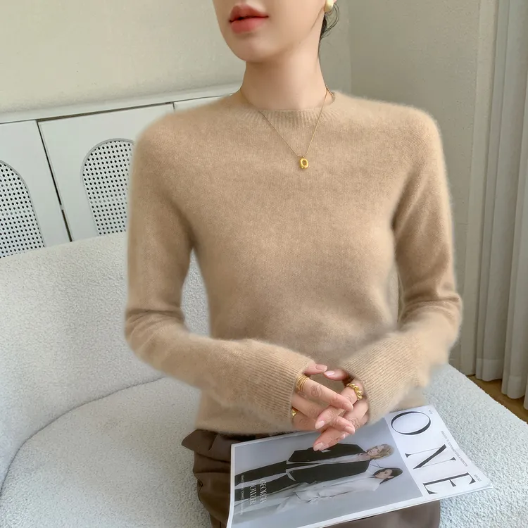 软糯亲肤山羊绒衫女无缝圆领菠萝针宽松毛衣纯色休闲羊毛打底针织