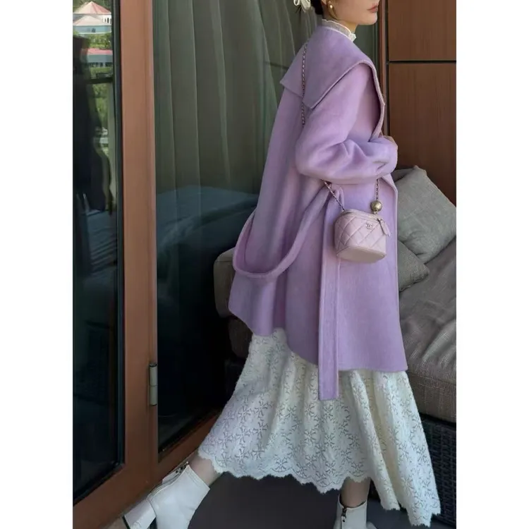 小个子韩系风海军领“羊驼+绵羊毛”大衣女优雅气质2025新款