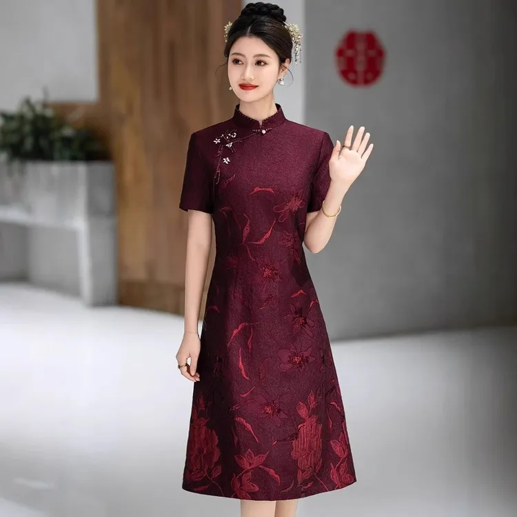喜婆婆婚宴装妈妈红色旗袍结婚服装礼服新款显瘦喜服中式大码旗袍