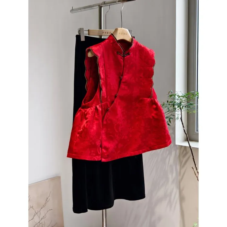 新中式国风提花夹棉宋锦马甲背心女装秋冬新款复古高端红色上衣