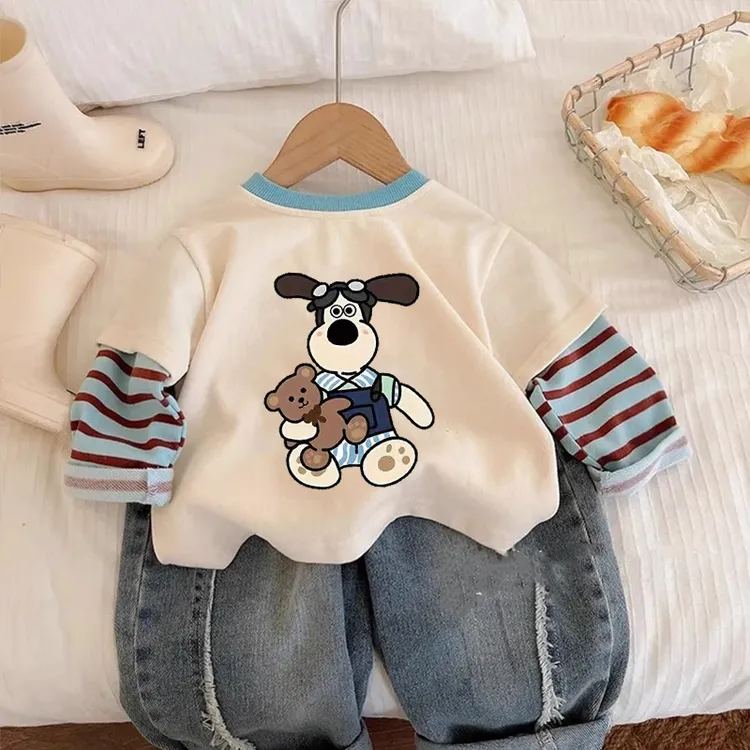 男女童假两件薄款上衣儿童休闲长袖T恤春秋新款圆领内搭打底衫潮