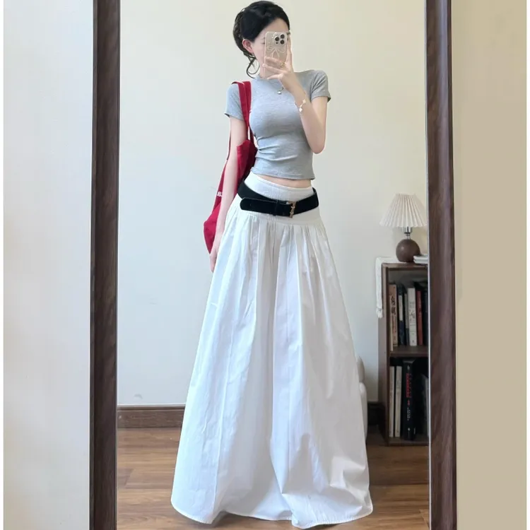175高个子加长气质辣妹宽松显瘦大摆长裙女夏韩系百搭白色半身裙
