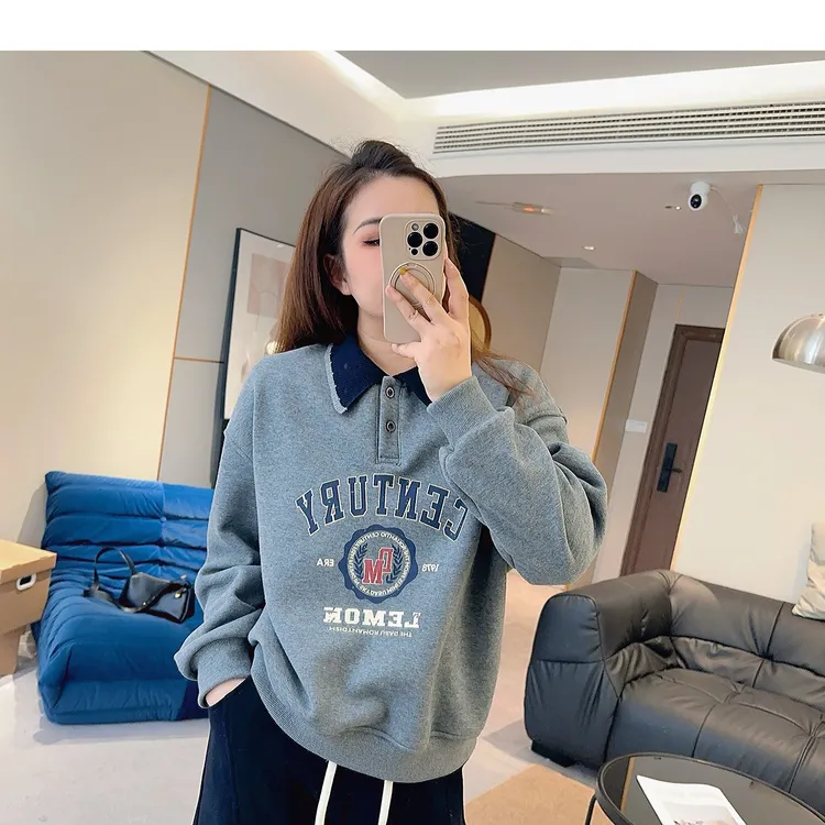 【欧加粒粒】设计感撞色翻领字母正肩卫衣加绒宽松百搭 TH25103126