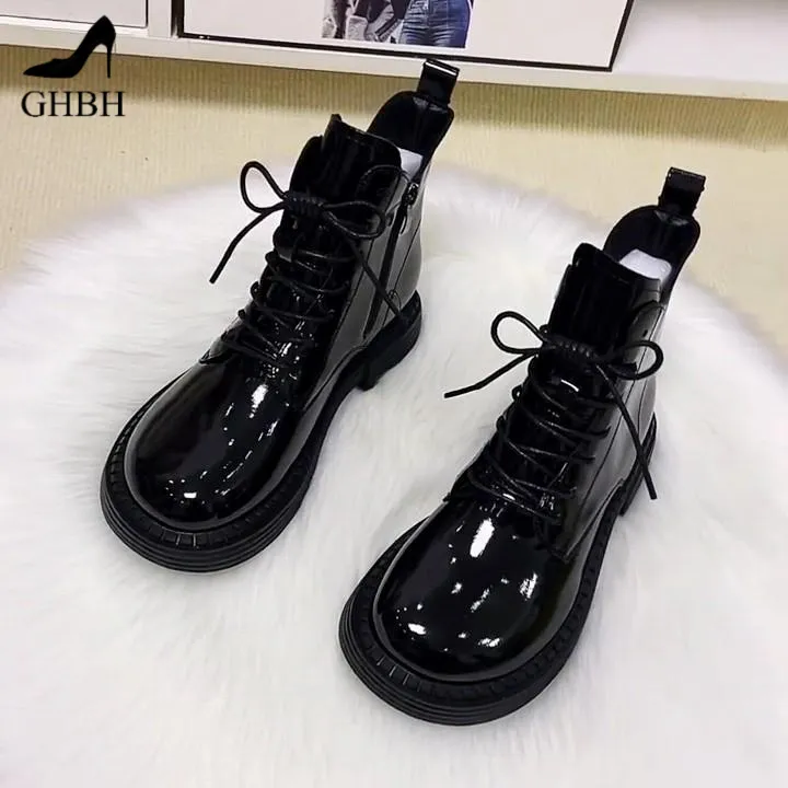 真皮平底马丁靴女2025年秋冬季新款漆皮芒果头短靴冬加绒棉靴单靴