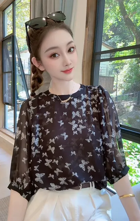 Nalian/拿恋豆子优选-夏季气质气质宽松显瘦蝴蝶印花衬衣 DZ98261