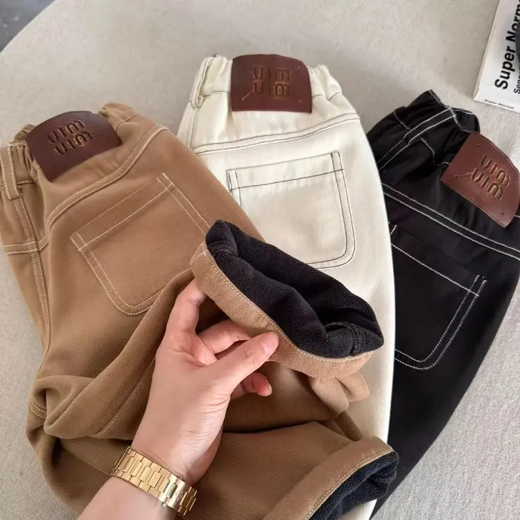 儿童休闲裤加绒男秋冬款中小童装长裤加厚宝宝纯色直筒裤女一体绒