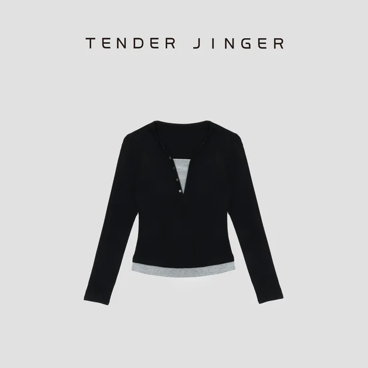 Tender Jinger百搭长袖假两件拼色针织打底衫T53LFK30879