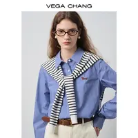 VEGA CHANG蓝色衬衫女2025秋季新款小狗刺绣韩系格纹设计感上衣