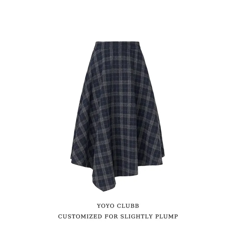 YOYO家“经典复古”混纺不规则磨毛格纹A字半裙秋冬半身裙