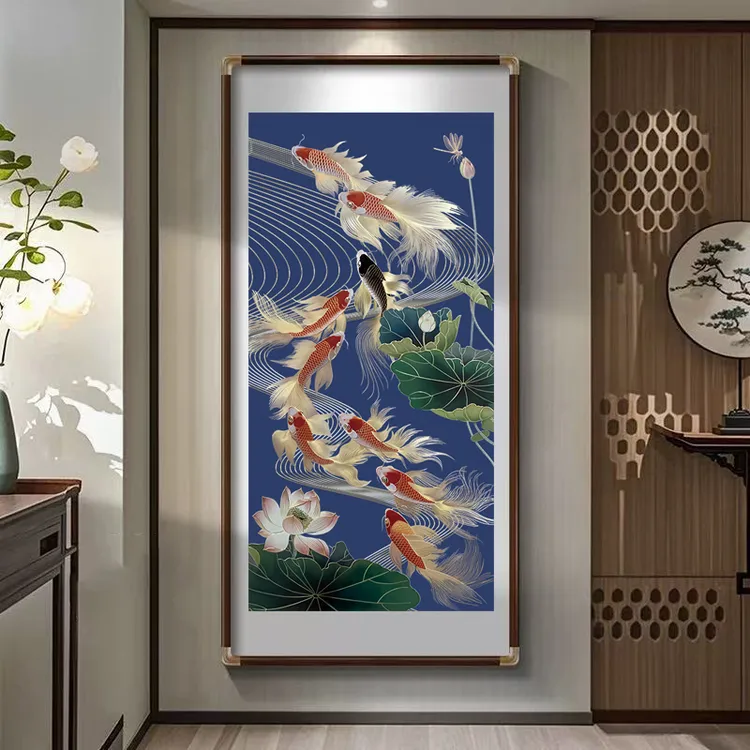 九鱼图客厅入户门正对面玄关画金箔手工立体描金高端装饰画走廊画