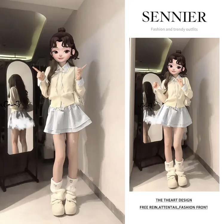 时尚穿搭女2025早秋新款减龄百搭设计感长袖针织衫显瘦短裙两件套