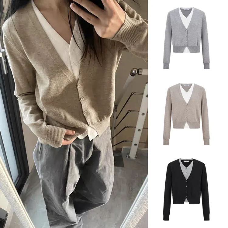 Moses Queen/魔西女王韩版V领假两件针织开衫女宽松气质薄款上衣