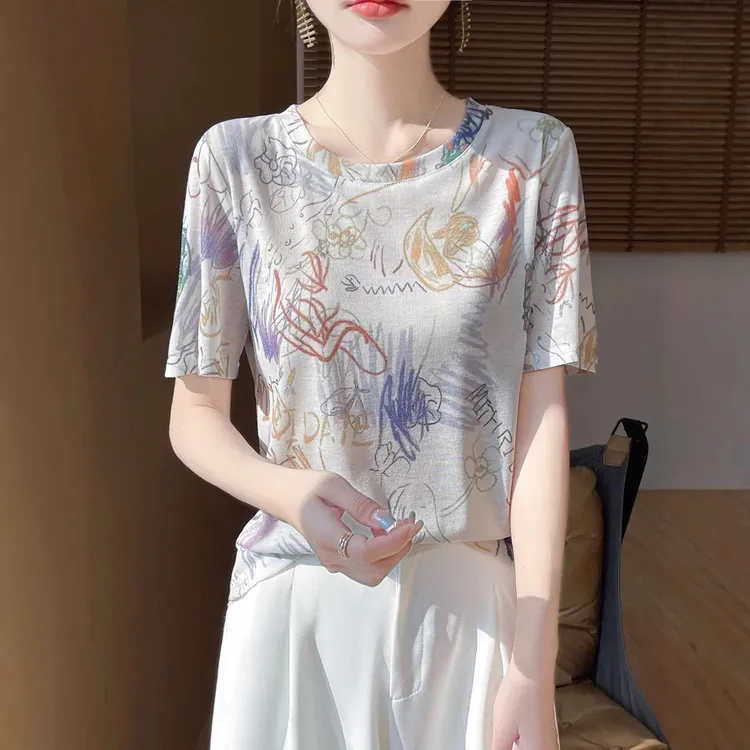 新款复古时尚夏季女装圆领针织短袖T恤女蝴蝶印花百搭显瘦上衣