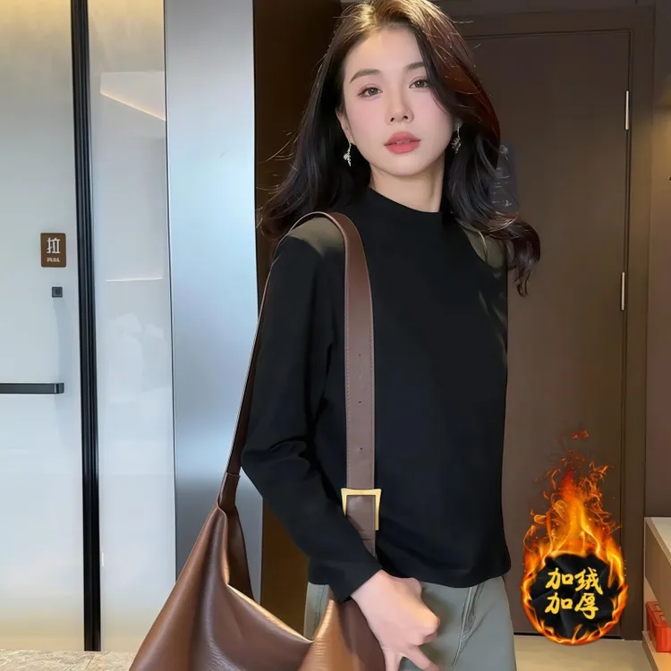 黑色半高领打底衫女加绒加厚秋冬内搭25新款宽松显瘦长袖保暖上衣
