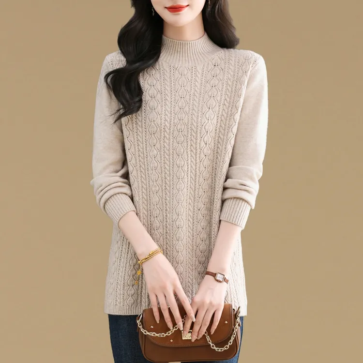 小个子时尚洋气超好看提花毛衣女中长款秋冬半高领内搭针织打底衫
