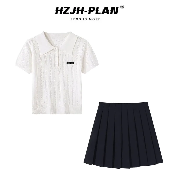 韩版时尚百搭学院风设计感POLO领短袖上衣百褶短裙两件套