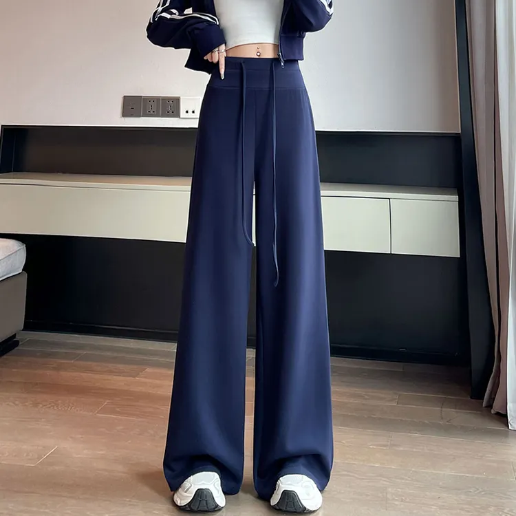 韩版抽绳垂感休闲裤女士2025秋季新款高腰宽松阔腿拖地运动长裤子