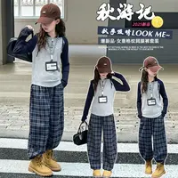 女童连帽针织衫格子裤套装2025洋气新款时髦显瘦中大童时尚两件套