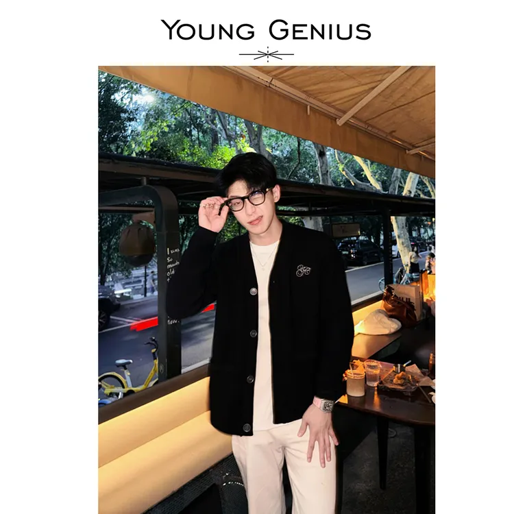 Young Genius秋冬老钱风针织开衫外套男休闲复古V领毛衣上衣