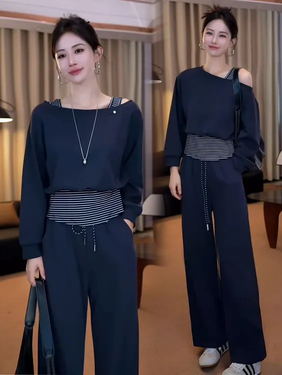 时尚休闲套装女早秋新款洋气宽松显瘦卫衣条纹背心阔腿裤三件套潮