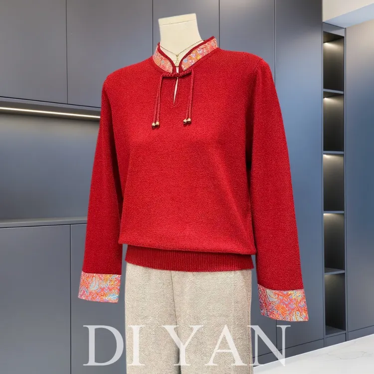 新中式妈妈装长袖毛衣秋冬新款上衣中老年洋气国风毛衣大码打底衫