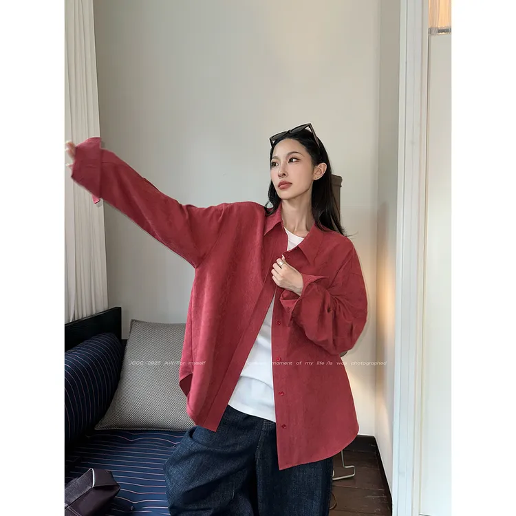 JCCC影子【鲜氧呼吸】红色绒感POLO领廓形中长款长袖衬衫JE4DSC17