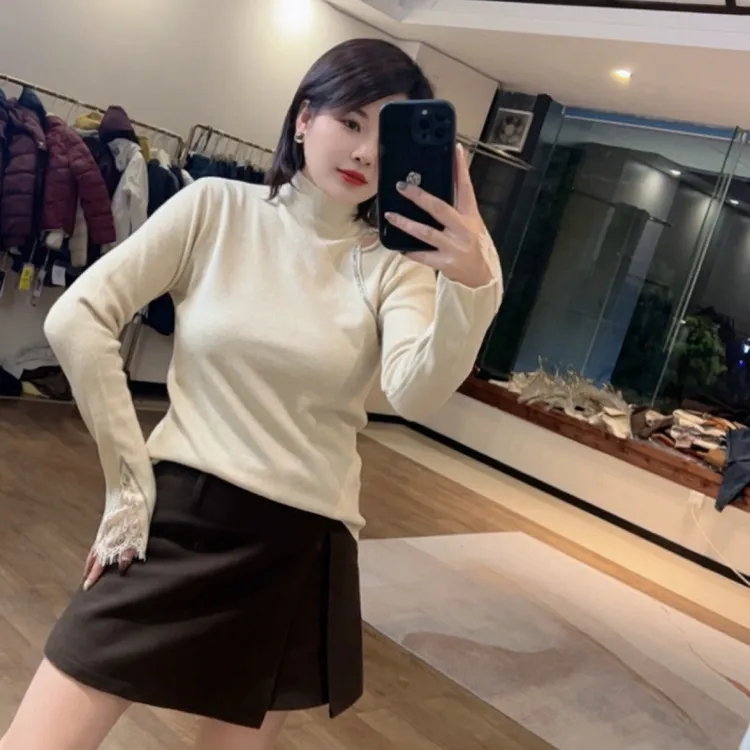 秋冬新款时尚半高领拼接蕾丝针织毛衣0630