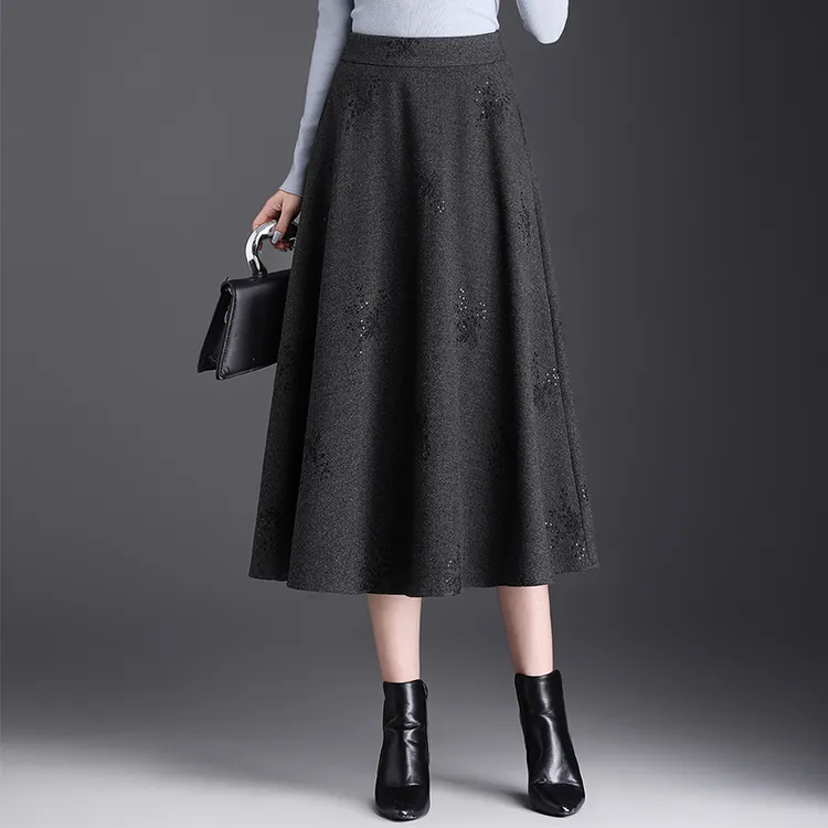时尚印花舒适保暖高腰中长款A字裙摆裙秋冬季小个子毛呢半身裙65