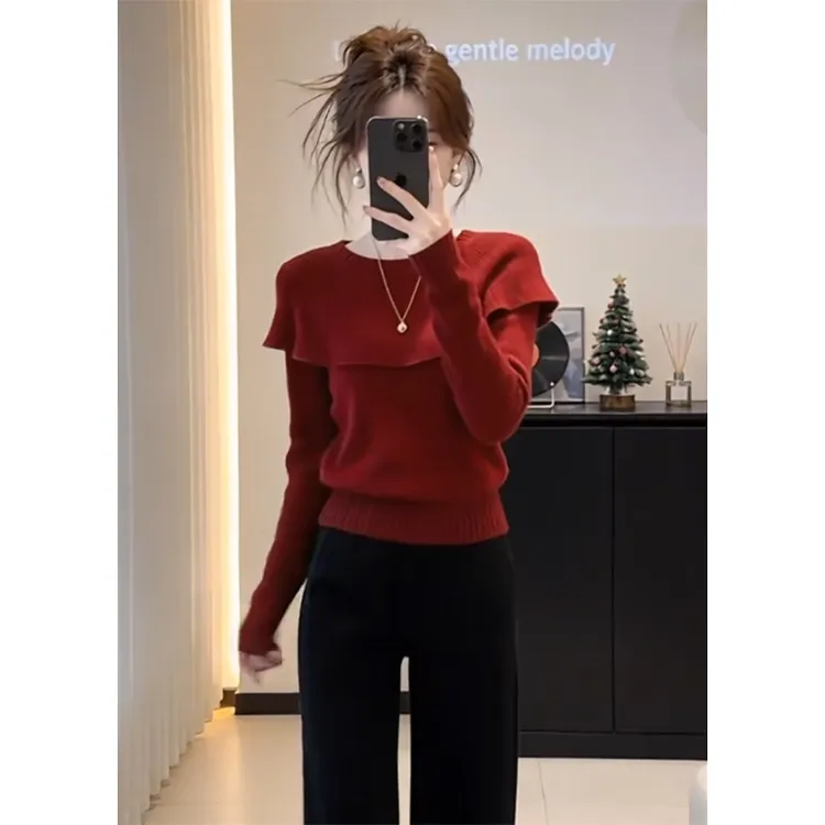 本命新年安可拉红色高级感软糯毛衣女秋冬新款圆领显瘦针织衫上衣