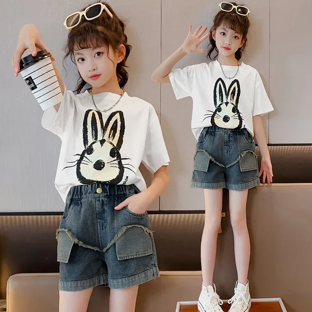 女童套装夏装洋气儿童中大童休闲韩版短袖牛仔短裤夏季薄款两件套