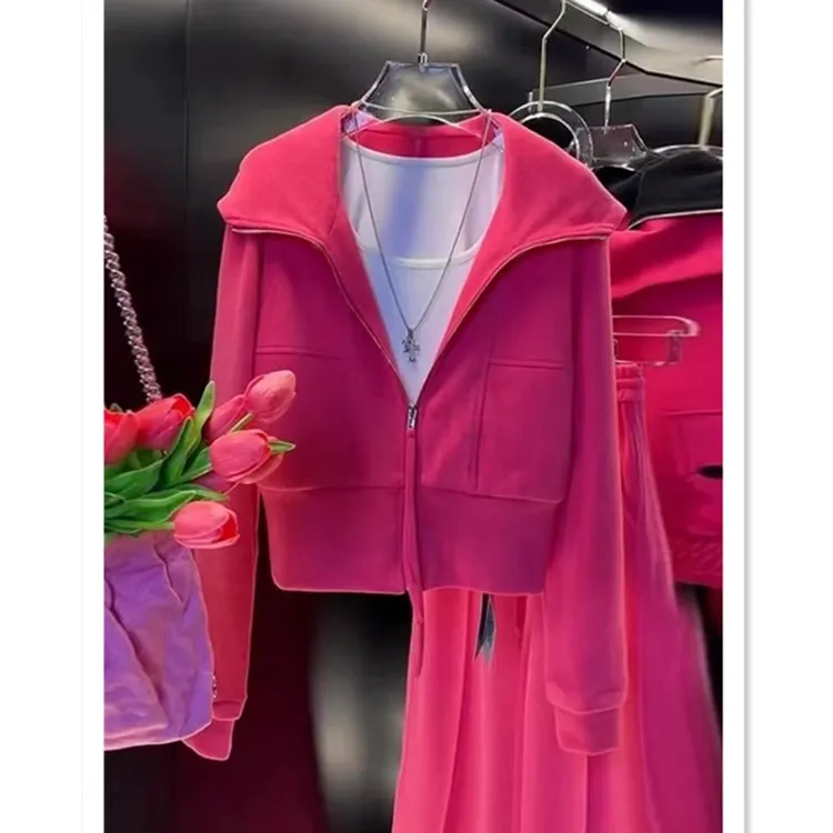欧货休闲运动套装女春秋2025年新款玫红色时尚洋气拉链卫衣两件套