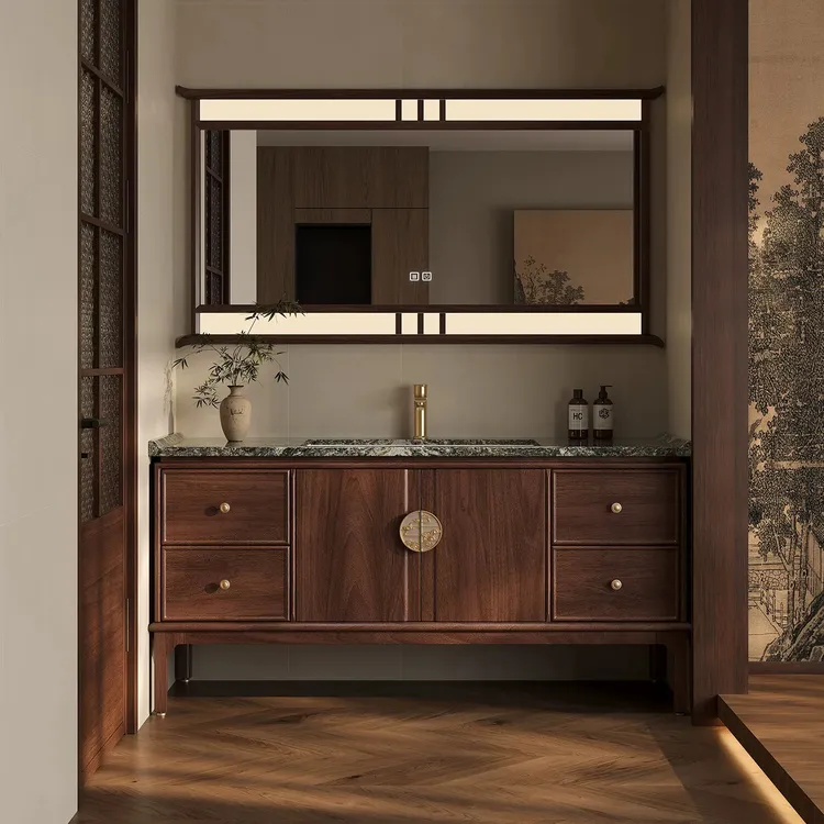 新中式天然奢石浴室柜组合落地式一体盆卫生间实木洗漱台卫浴柜