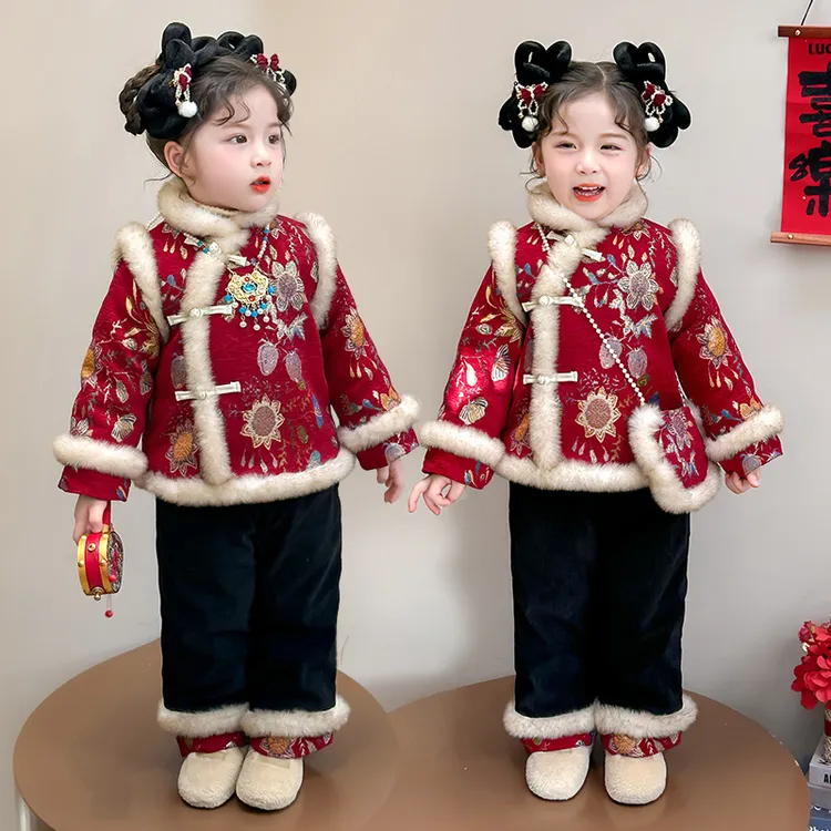 女童国风红色年服套装2024冬季新款女宝宝加厚保暖拜年服两件套潮