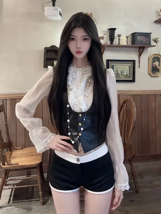 甜酷少女宫廷风 复古蕾丝雪纺衬衫+马甲女秋季新款高腰短裤三件套